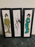 Set of Three, Appear Hand Painted Tile Art Pieces from WWII Era