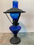 Miniture Glass Oil Lamp Blue, 10 inches Tall, No Name