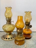 Three Mostly Glass Oil Lamps, Tallest 5 inches Tall