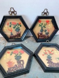 Four Oriental Wall Hangings with Black Lacker Frames 7 inches by 6 inches