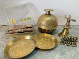 Set of Oriental l Style Brass Items and Miniature Change Purse, Bell is 3 1/2 inches Tall (Bigger