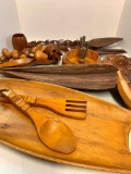 Group of Wood Items, Including Nutcracker Set, Wood Fruit, Oversized Spoon and Fork, and More!