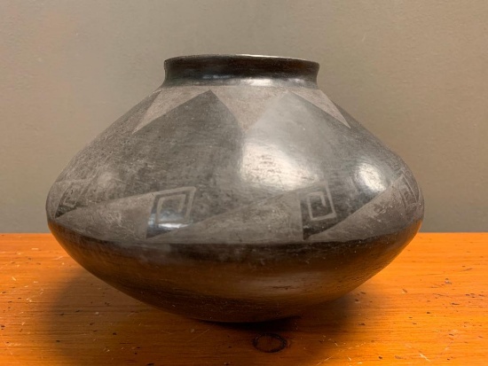 Black on Black, Native American Pottery Vessel, 6" Tall and Just Under 9" Center Diameter