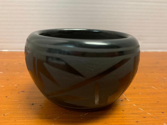 Black on Black, Native American Pottery Vessel, 2" Tall and 3" Diameter Opening