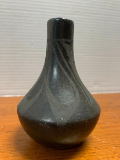 Black on Black, Native American Pottery Vase, 5" Tall, Signed Santa Clara, Cactus Flower on the