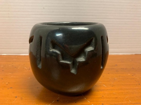 Black, Native American Pottery Bowl/Vessel, It is 4" Tall and has 3" Diameter Opening, It has a