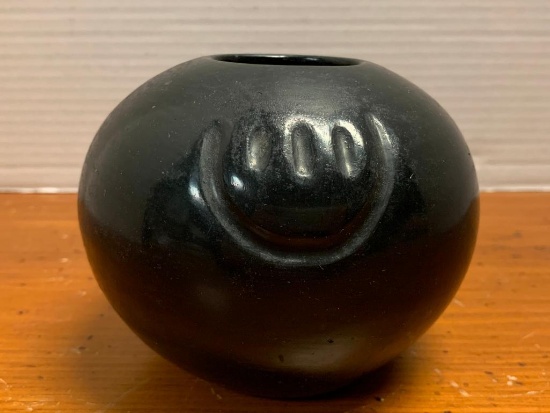 Black, Native American Pottery Vase from Santa Clara in 1977 by Minnie Vigil, 5" Tall and 2"