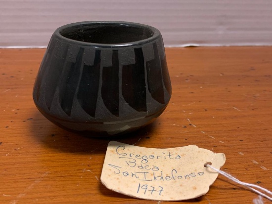 Black on Black, Native American Pottery Vase by Gregorita Baca, San Ildefonso, 1977, 2 1/2" Tall and