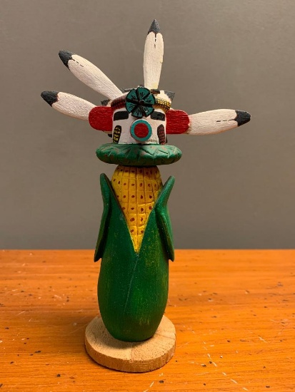 Smaller, Corn Cob Kachina, 8" Tall, Missing a Small Piece on Back, Signed on The Bottom (Can't Read)