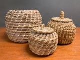 Four Southwest Style Handmade Baskets. Three Have Lids. The Largest is 5