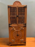 Hand Carved Southwest Style Miniature Cupboard with Southwest Pottery Glued to it. This Item is 2'