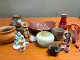 Lot of Southwest Style Pottery with Wood Figures and Vase - As Pictured