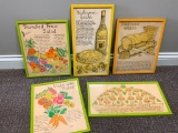 Set of 5 Framed Prints of Food with Recipes by Pati 1970. the Frames size is 11.5