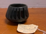 Black on Black, Native American Pottery Vase by Gregorita Baca, San Ildefonso, 1977, 2 1/2