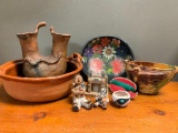 Group of Southwest Style Pottery and Painted Wood Bowl. The Wedding Vase is Heavily Damaged - As