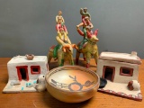 Group of Southwest Style Pottery Items. Incense Burner Has a Cracked Lid. The Figurines are Cracked.