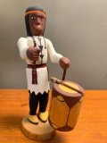 Hand Painted and Carved Wood Native American Figure. The Drum Stick is Broken with Chip on Shoulder