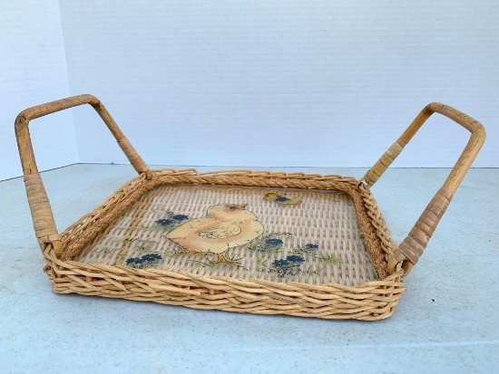 Hand Painted Wicker and Glass Double Handle Serving Tray Signed by D Jensen 1988 - As Pictured