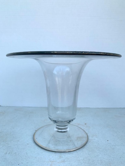Clear Glass Vase with Painted Rim. This Item is 8" Tall and Paint is wearing on Edges - As Pictured