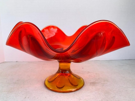 Amber and Red Raised Candy Dish with Scuffing on inside from use. This Item is 6" Tall x 10" Diam.