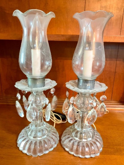 Two Glass Vintage Lamps with Prisms, 14" Tall