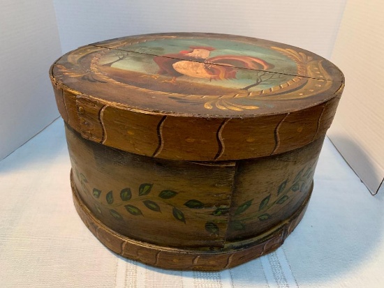 Vintage Round Wood Box, Hand Painted by Judith, 16" Diameter, 7" Tall