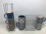 Lot of Ceramic Coffee Mugs with Metal Stand - As Pictured
