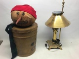 Lot of Old Fashioned Country Christmas Snowman Tin and Brass Desk Lamp