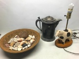 Lot Includes Weaved Basket of Shells, Pewter Pitcher and Cow Lamp - As Pictured