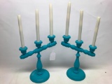 Two Candle Holders, Blue/Teal Painted, Holds 6 Candles, 3 in Each Candle Holder