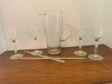 Vintage Etched Glass Pitcher and Stemmed Glass Set