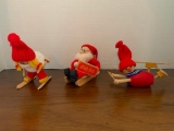 Set of 3 Wooden Sledding & Skiing Decorations Made in Sweden Tallest is 5