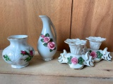 Misc. Lot of Rose Print Porcelain Mini Vases and Candlestick Holders Made in Germany - As Pictured