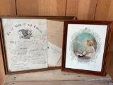 Lot of Two Framed Prints of a Watercolor and Military Discharge Papers Dated 1865 - As Pictured