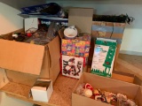 Group of Christmas Items on Shelf in Basement as Pictured