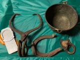 Ice Tongs, Hammered Copper Bucket and a Horseshoe