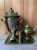 Brass Beverage Dispenser and Tea Pot with Serving Tray - As Pictured