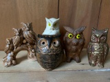 Misc Lot of Owls Made of Wood and Ceramic - As Pictured