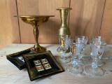 Misc. Lot of Brass Vase, Candy Dish, Cordial Glasses and More - As Pictured