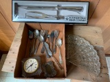 Misc Lot of Quartz Clock, Glass Serving Dish, Silverware and Carving Set - As Pictured