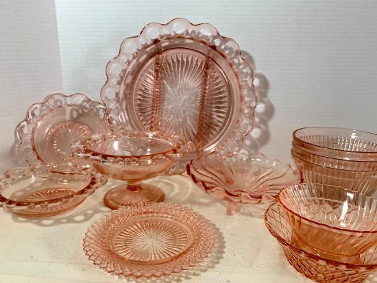 Large Lot of Pink Depression Glass Bowls and Serving Plate - As Pictured