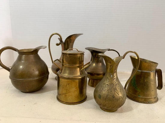 Small Lot of Various Brass/Copper Pitchers. The Tallest is 5" Tall - As Pictured