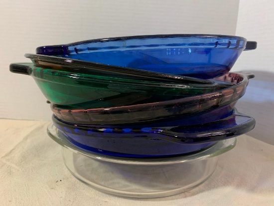 Lot of 5 Colored Glass Baking Dishes - As Pictured
