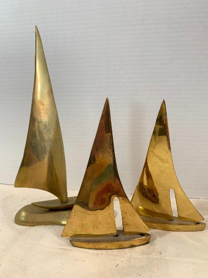 Small Lot of 3 Brass Sailboat Decor Made in India. The Tallest is Approx. 10" - As Pictured