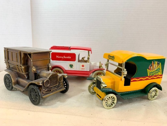 Lot of 3 Metal Toy Trucks. One is a Bank - As Pictured