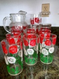 Lot with Painted Glass Pitcher, Shaker, Two Drinking Glasses and 7 Juice Glasses - As Pictured