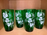 Lot of 5 Green and White Print Drinking Glasses - As Pictured