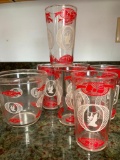 Lot of 6 Red and White Lace Accented Drinking Glasses and Bowl. They are 4.5