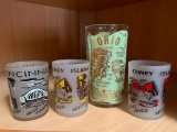 1 Ohio Drinking Glasses and 3 Frosted Cincinnati Shot Glasses - As Pictured