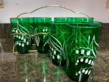 11 Piece Lot of Green Drinking Glasses with Carrier - As Pictured
